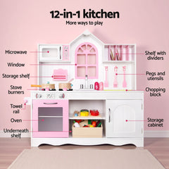 Keezi Wooden Kids Pretend Kitchen Playset with 29pc Food Set Pink White