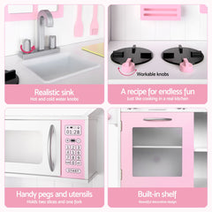 Keezi Wooden Kids Pretend Kitchen Playset with 29pc Food Set Pink White