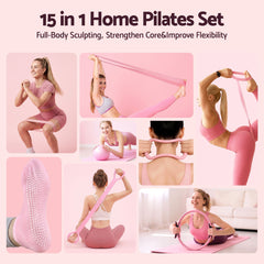 Everfit Pilates Ring Set for Women, 15pcs Home Workout Pilates Equipment with Ring, Ball, Yoga Socks, D-Ring etc. Pilates Starter Kit for Strength, Toning and Flexibility Pink