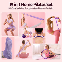 Everfit Pilates Ring Set for Women, 15pcs Home Workout Pilates Equipment with Ring, Ball, Yoga Socks, D-Ring etc. Pilates Starter Kit for Strength, Toning and Flexibility Purple