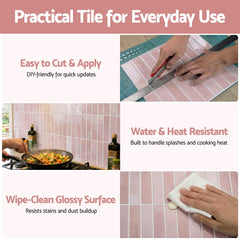 Artiss 3D Peel and Stick Wall Tiles Self Adhesive LinearGrid Backsplash 10 Sheets, Pink