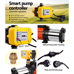 Giantz 1800W Max 5-Stage Garden Water Pump High Pressure Irrigation Booster Pump, Automatic Multi-Stage External Sprinkler Pump for Rainwater Tank Transfer, Home Farm Lawn, Yellow
