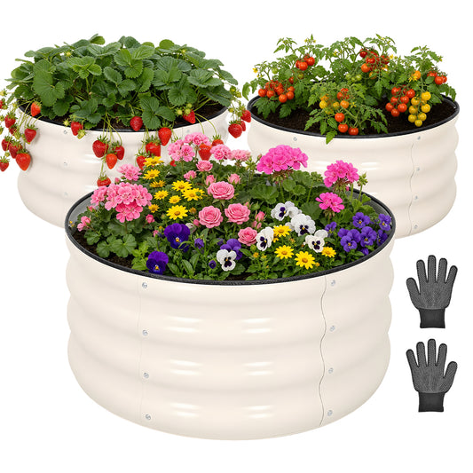 3 Pack Round Planter Boxes Outdoor Galvanized Steel Raised Garden Bed with Safety Edge and Open Base for Growing Plants in Backyard Garden Patio 60x60x28cm