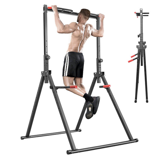 Foldable Power Tower Dip Station Multifunction Steel Standing Pull Up Bar 8-Level Height Adjustable for Home Gym Strength Training Workout 300KG Capacity