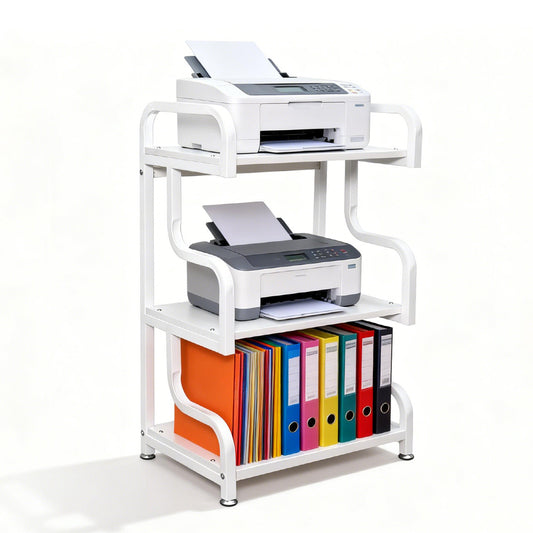 3 Tier Printer Stand Multifunctional Metal Storage Shelf with Top Handle and Foot Pad Home Office Printer Table Strong Loading Capacity 60x40x94cm White
