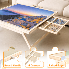 Folding Puzzle Table with Legs for 1500 Piece Puzzles Portable Wooden Jigsaw Puzzle Board 89x69cm with 4 Detachable Drawers and Protective Cover Game Table
