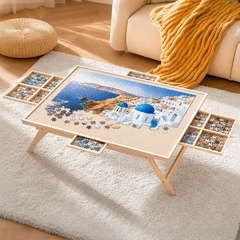 Folding Puzzle Table with Legs for 1500 Piece Puzzles Portable Wooden Jigsaw Puzzle Board 89x69cm with 4 Detachable Drawers and Protective Cover Game Table