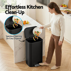 Cefito Kitchen Trash Can 40L Pedal Bins Rubbish Bin Steel with Soft Close Lid, Removable Inner Bucket, Rectangular Garbage Can Recycling Bin, Black