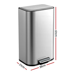 Cefito Kitchen Trash Can 40L Pedal Bins Rubbish Bin Steel with Soft Close Lid, Removable Inner Bucket, Rectangular Garbage Can Recycling Bin, Silver