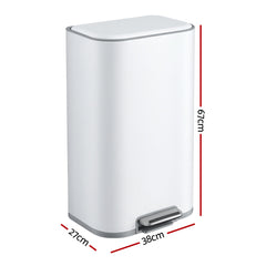 Cefito Kitchen Trash Can 40L Pedal Bins Rubbish Bin Steel with Soft Close Lid, Removable Inner Bucket, Rectangular Garbage Can Recycling Bin, White