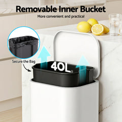 Cefito Kitchen Trash Can 40L Pedal Bins Rubbish Bin Steel with Soft Close Lid, Removable Inner Bucket, Rectangular Garbage Can Recycling Bin, White