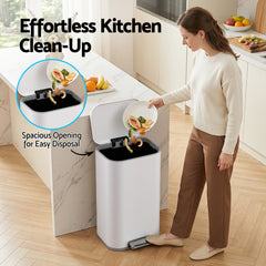 Cefito Kitchen Trash Can 40L Pedal Bins Rubbish Bin Steel with Soft Close Lid, Removable Inner Bucket, Rectangular Garbage Can Recycling Bin, White