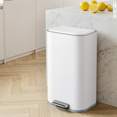 Cefito Kitchen Trash Can 40L Pedal Bins Rubbish Bin Steel with Soft Close Lid, Removable Inner Bucket, Rectangular Garbage Can Recycling Bin, White