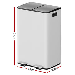 Cefito Pedal Bins Rubbish Bin Dual Compartment Waste Recycle Dustbins 60L White