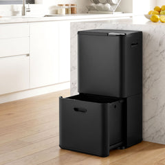 Cefito 63L Rubbish Bin 3 Compartment Carbon Steel Split Door Trash Can Black