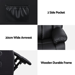 Artiss Manual Massage Recliner Chair for Living Room, Leather Sofa Lounge Reclining Chair with 2 USB Port, 160° Recline Reading Chair with 20CM Wide Armrests, 8 Point Vibration & Lumbar Heat, Black