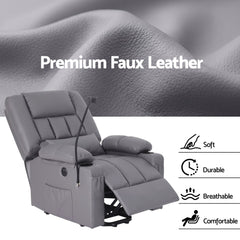 Artiss Power Lift Recliner Chair with Massage and Heat for Elderly, Electric Sofa Reclining Chair with USB and Phone Holder, PU Leather Comfy Armchair for Living Room, 2 Cup Holder & 4 Pockets, Grey