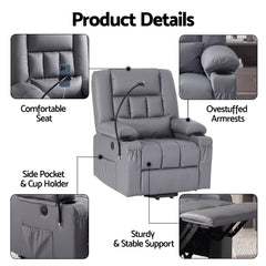 Artiss Power Lift Recliner Chair with Massage and Heat for Elderly, Electric Sofa Reclining Chair with USB and Phone Holder, PU Leather Comfy Armchair for Living Room, 2 Cup Holder & 4 Pockets, Grey