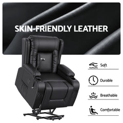 Artiss Power Lift Recliner Chair with Massage and Heat for Elderly, Electric Sofa Reclining Chair with USB and Phone Holder, PU Leather Comfy Armchair for Living Room, 2 Cup Holder & 4 Pockets, Black