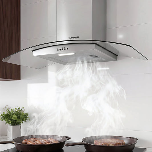 Devanti 90cm Range Hood Curved Glass Canopy Rangehood Kitchen Exhaust Fan