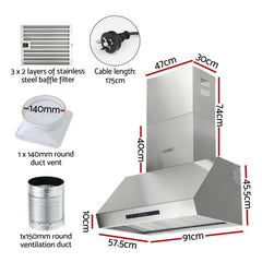 Devanti 900mm Range Hood 3-Speed Fan LED Display Remote Control