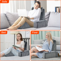 Reading Pillow High Density Memory Foam Back Support Pillow with Arms for Adults Teens for Reading Watching TV Resting Sitting Up in Bed Couch Floor Grey