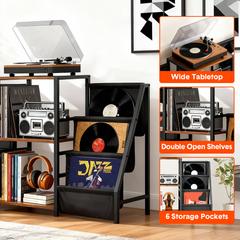 Record Player Stand with Vinyl Storage 3 Tier Metal Turntable Stand with Record Holders for Media Stereo Audio Rustic Vinyls Display Cabinet 129x30x74cm
