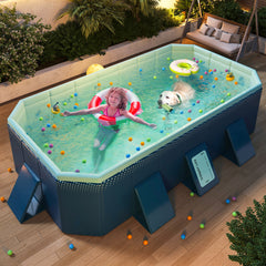 2.6m Foldable Pool PVC Non Inflatable Large Rectangle Pool Holding up to 6 People Hard Thickened Paddling Pool Easy Collapsible and Drainage 260¡Á165¡Á55cm