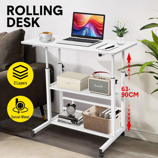 Rolling Desk Bed Sofa Side Table 63 to 90cm Height Adjustable Mobile Desk with 3 Layer Storage and Swivel Wheels Max Load 10kg White for Home Office