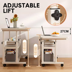 Rolling Desk Bed Sofa Side Table 63 to 90cm Height Adjustable Mobile Desk with 3 Layer Storage and Swivel Wheels Max Load 10kg White for Home Office