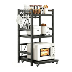 3-Tier Expandable Countertop Organizer 76cm Tall Heavy Duty Steel Kitchen Rack Partition Height Adjustable with Pull Out Microwave Shelf Includes 5 Hooks