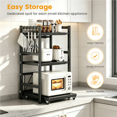 3-Tier Expandable Countertop Organizer 76cm Tall Heavy Duty Steel Kitchen Rack Partition Height Adjustable with Pull Out Microwave Shelf Includes 5 Hooks