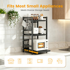 3-Tier Expandable Countertop Organizer 76cm Tall Heavy Duty Steel Kitchen Rack Partition Height Adjustable with Pull Out Microwave Shelf Includes 5 Hooks