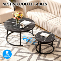 Set of 2 Nesting Coffee Tables Modern Round Side Tables with Wooden Top and Metal Frame for Living Room Bedroom Balcony Apartment Max Load 300kg Black