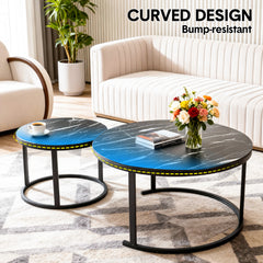 Set of 2 Nesting Coffee Tables Modern Round Side Tables with Wooden Top and Metal Frame for Living Room Bedroom Balcony Apartment Max Load 300kg Black