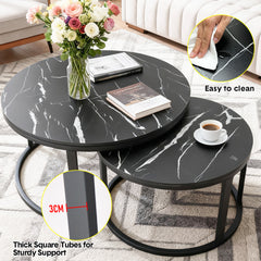 Set of 2 Nesting Coffee Tables Modern Round Side Tables with Wooden Top and Metal Frame for Living Room Bedroom Balcony Apartment Max Load 300kg Black