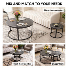 Set of 2 Nesting Coffee Tables Modern Round Side Tables with Wooden Top and Metal Frame for Living Room Bedroom Balcony Apartment Max Load 300kg Black