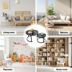 Set of 2 Nesting Coffee Tables Modern Round Side Tables with Wooden Top and Metal Frame for Living Room Bedroom Balcony Apartment Max Load 300kg Black