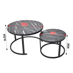 Set of 2 Nesting Coffee Tables Modern Round Side Tables with Wooden Top and Metal Frame for Living Room Bedroom Balcony Apartment Max Load 300kg Black