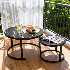 Set of 2 Nesting Coffee Tables Modern Round Side Tables with Wooden Top and Metal Frame for Living Room Bedroom Balcony Apartment Max Load 300kg Black