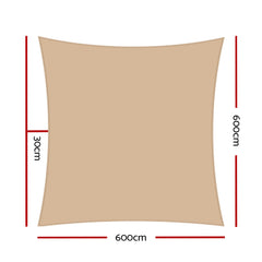 Instahut Shade Sail 6x6m Rectangle 185GSM 95% Sand Shade Cloth