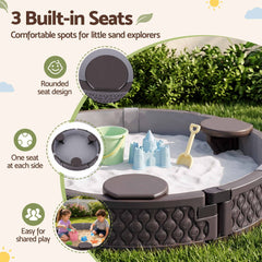 Kids Outdoor Sandpit Toys Sandbox 121cm Round Brown 3 Seats Cover Liner