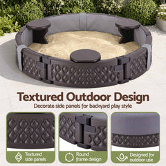 Kids Outdoor Sandpit Toys Sandbox 121cm Round Brown 3 Seats Cover Liner