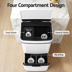 Devanti 72L Sensor Bin Rubbish Bins 4-in-1 Compartment Stainless Steel Trash Can White