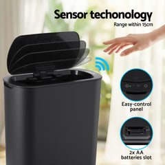 Devanti Automatic Trash Bin with Lid 21L Motion Sensor Kitchen Bin Touchless Garbage Can Modern Black Plastic Slim Rubbish Bin with Liner Holder for Kitchen, Home, Office