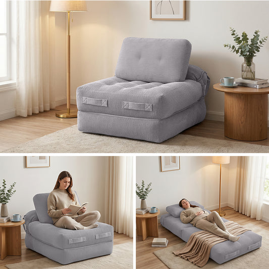 Artiss 1 Seater Corduroy Convertible Sofa Bed Pull Out Boneless Couch Grey