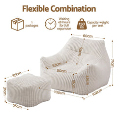 Artiss Bean Bag Sofa w/Ottoman Corduroy for Adults Teens White