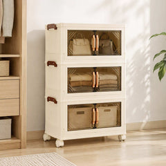 Artiss 3-Tier Foldable Storage Cabinet Stackable Box Clear Magnetic Door White