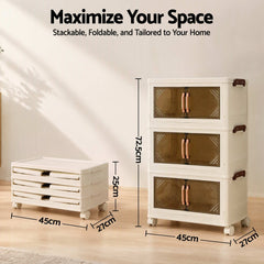 Artiss 3-Tier Foldable Storage Cabinet Stackable Box Clear Magnetic Door White