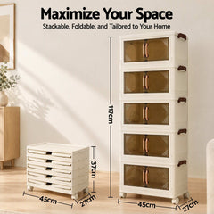 Artiss 5-Tier Foldable Storage Cabinet Stackable Box Clear Magnetic Door White